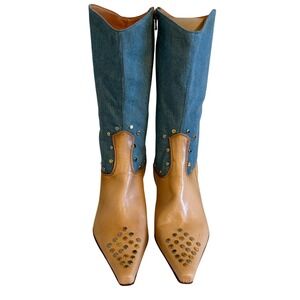 Western Denim Leather Studded‎ High Heel Boots Sz 8 Pointed Toe Made in Italy